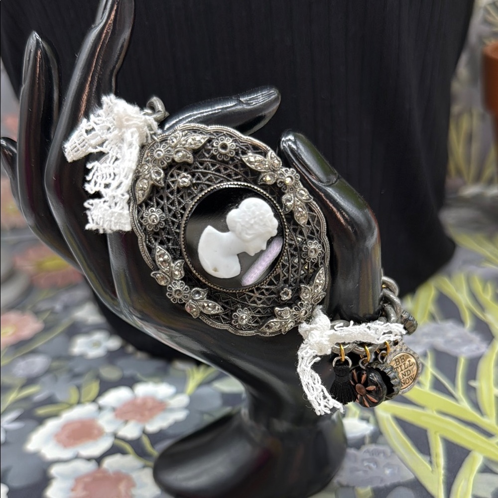 ⭐️Adorned Crown Jewelry assemblage cameo marcasite charm bracelet be still know